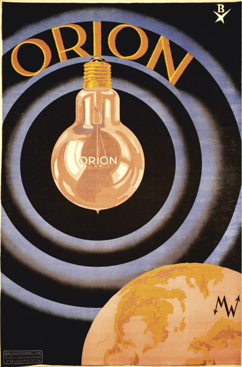 Még a Magyar Wolframlámpagyár MW logóját mutató korai Orion plakát (OSZK PKT / PKG.é.n./305) © Országos Széchényi Könyvtár